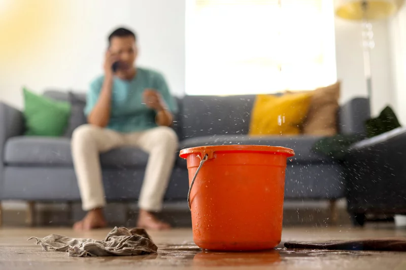 Eimer unter Wasserleck Mann sitzt auf dem Sofa im Vordergrund ein roter Eimer, der Wasser von der Decke auffängt.
